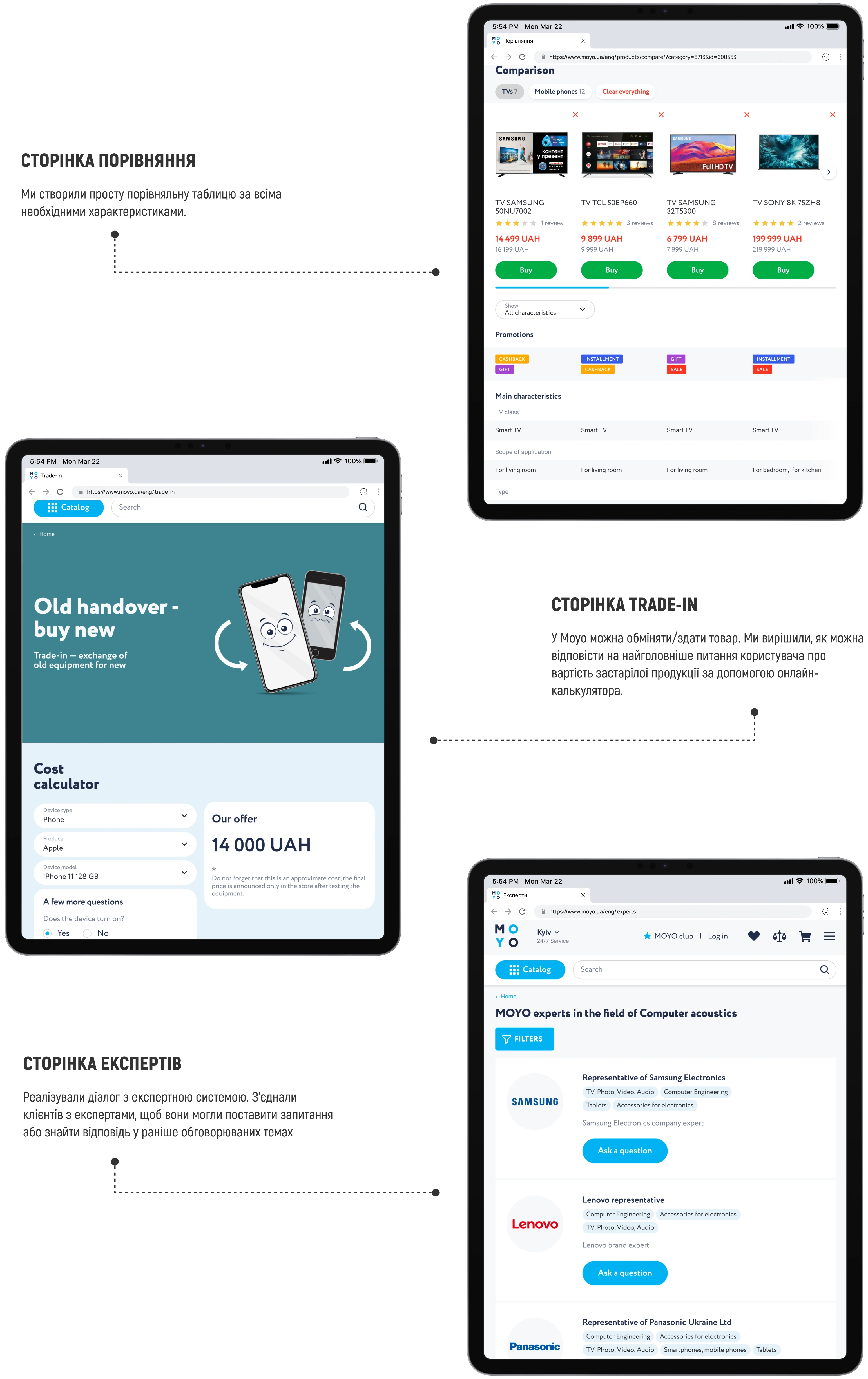 UX/UI сторінок порівняння, trade-in, сторінки експертів в інтернет-магазині MOYO | Sense Production